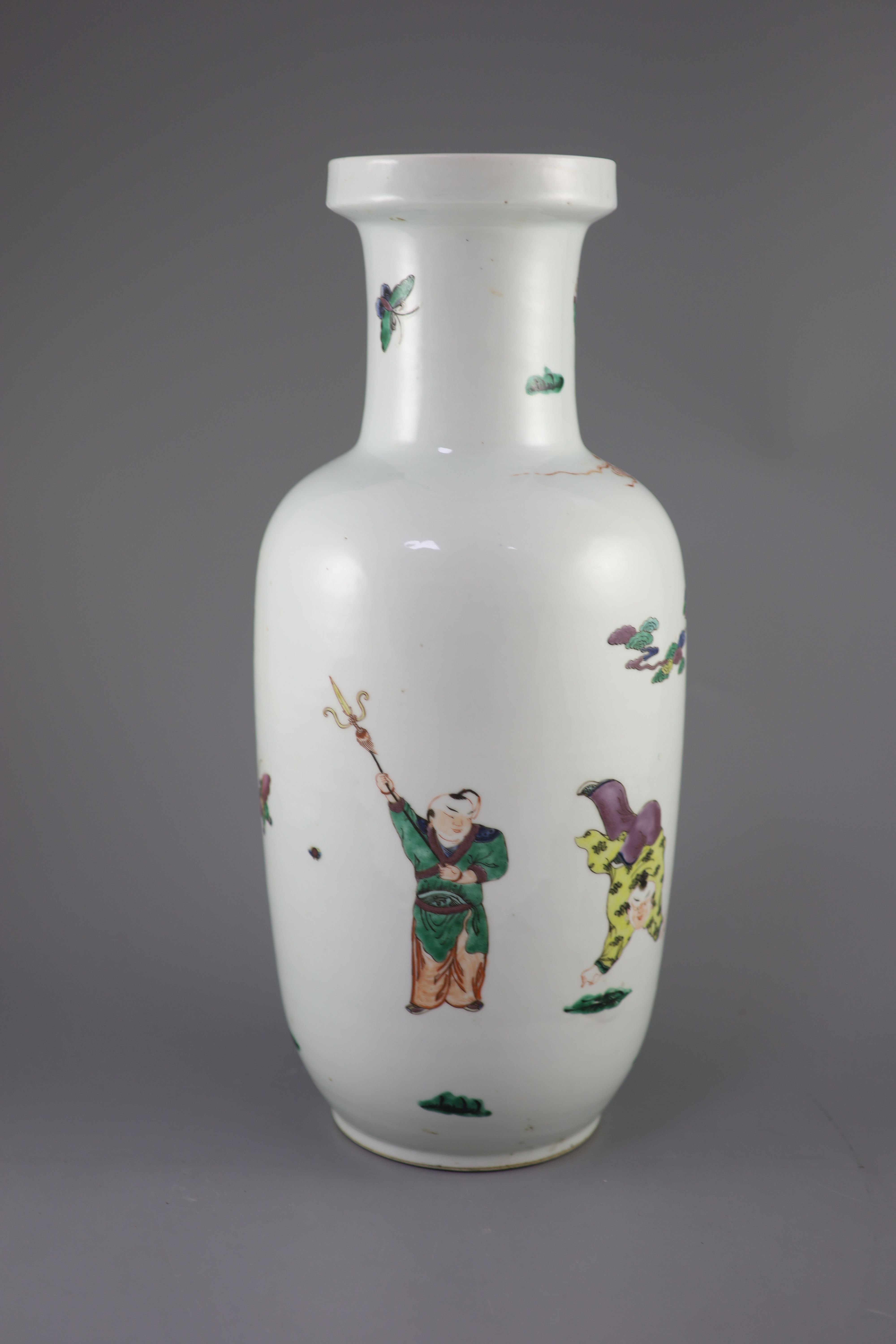 A large Chinese famille verte boys rouleau vase, 19th century, 45cm high